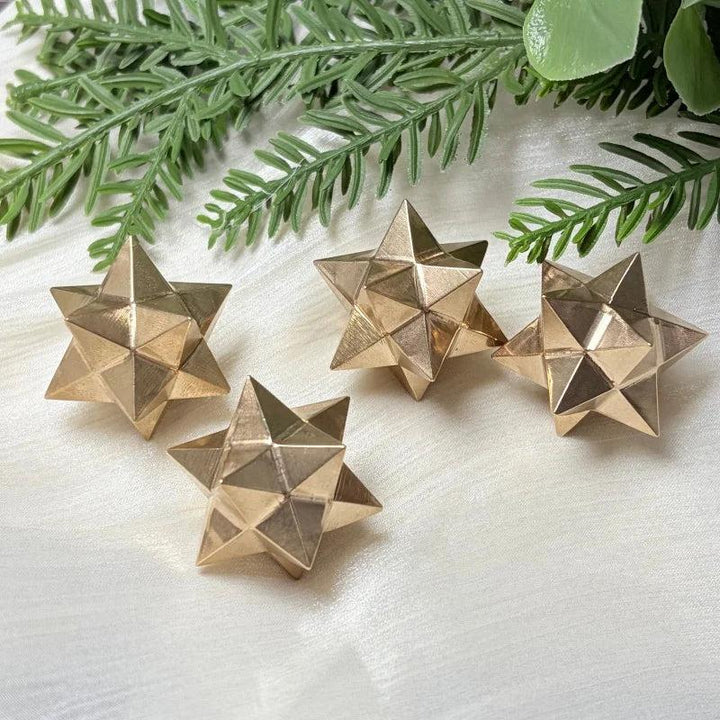 Golden Pyrite Crystal Carved Merkaba Stars for manifestation and solar plexus chakra healing.