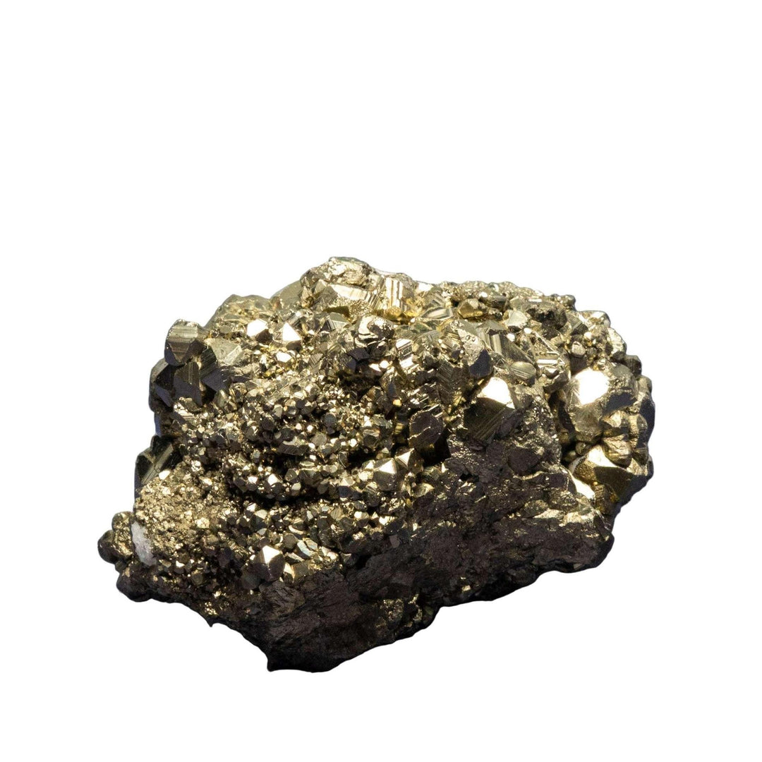 Peruvian Pyrite Nugget Cluster: Brass-gold cubic crystals with mirror-like faces, reflecting metallic brilliance.