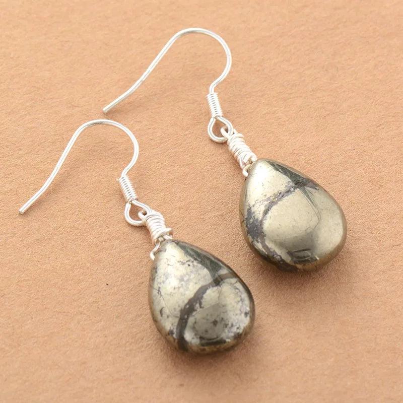 Pyrite Crystal Teardrop Drop Earrings: Gold-toned pyrite teardrops with metallic shimmer, set in silver-toned wire.