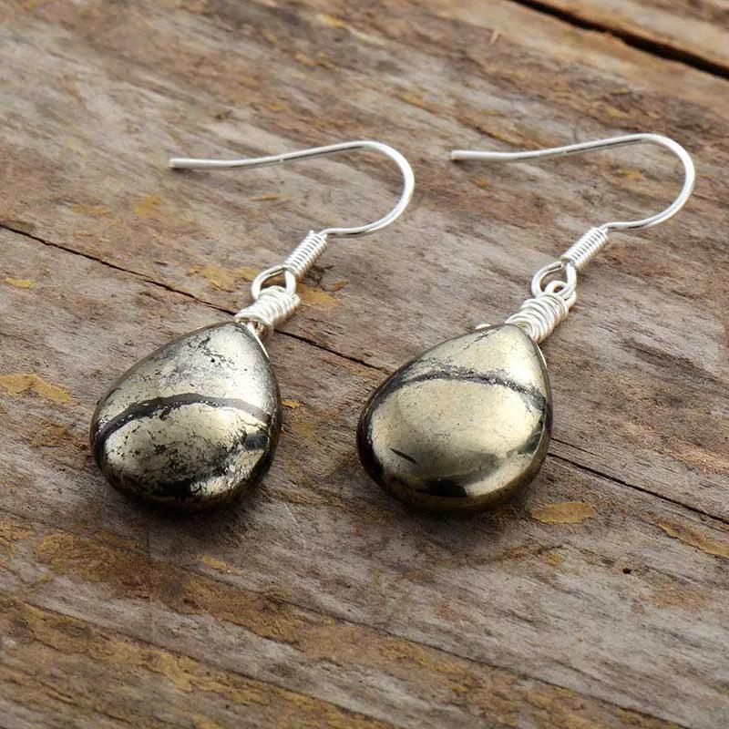 Pyrite Crystal Teardrop Drop Earrings: Genuine pyrite with metallic shimmer, copper wire setting for confidence and abundance.