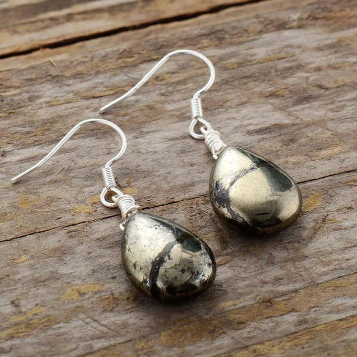 Pyrite Crystal Teardrop Drop Earrings: Gold-toned pyrite teardrops with metallic shimmer, set in silver-toned wire.