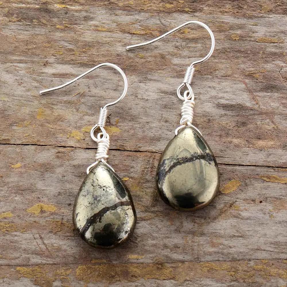 Pyrite Crystal Teardrop Drop Earrings: Genuine pyrite with metallic shimmer, wire-wrapped in a graceful water-drop silhouette.
