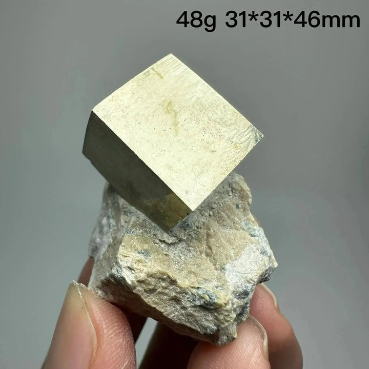 Crystal Destiny's Pyrite Cube Crystal Specimen: metallic gold, naturally formed cubic crystal on matrix, 48g, 31x31x46mm.