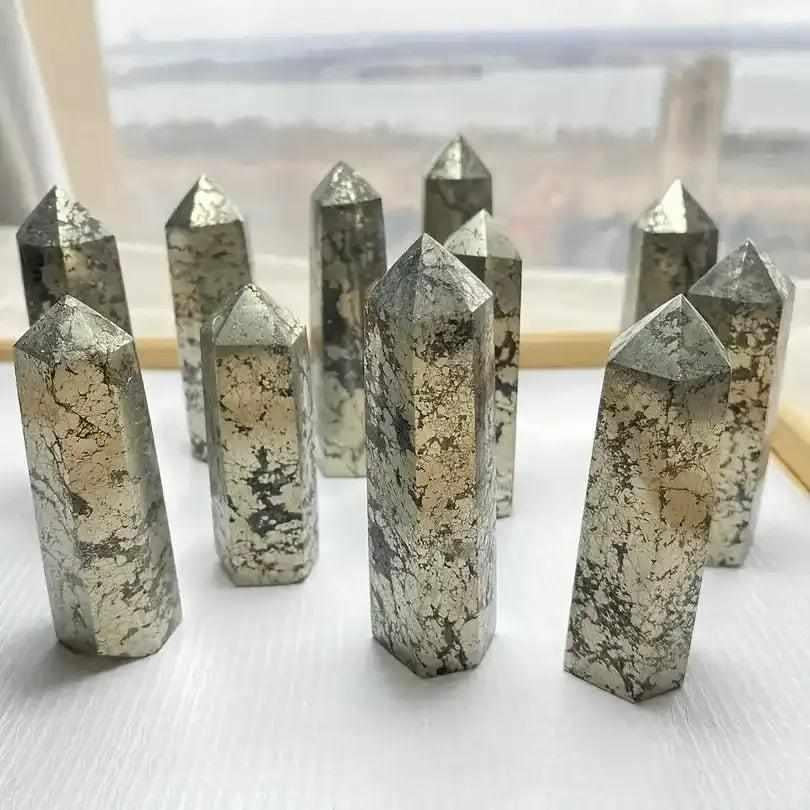 Polished Pyrite Fools Gold towers with a metallic brassy shine, perfect for Solar Plexus Chakra focus and desk decor.