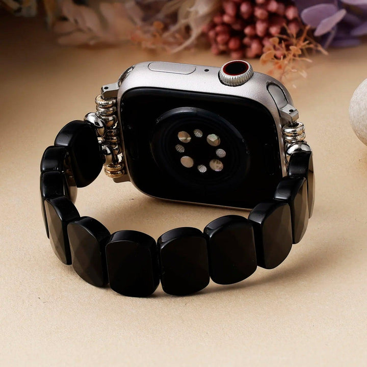 High End Pyrite Stones Stretch Smartwatch Strap, black hematite fashion jewelry accessory for 38-49mm watchbands.