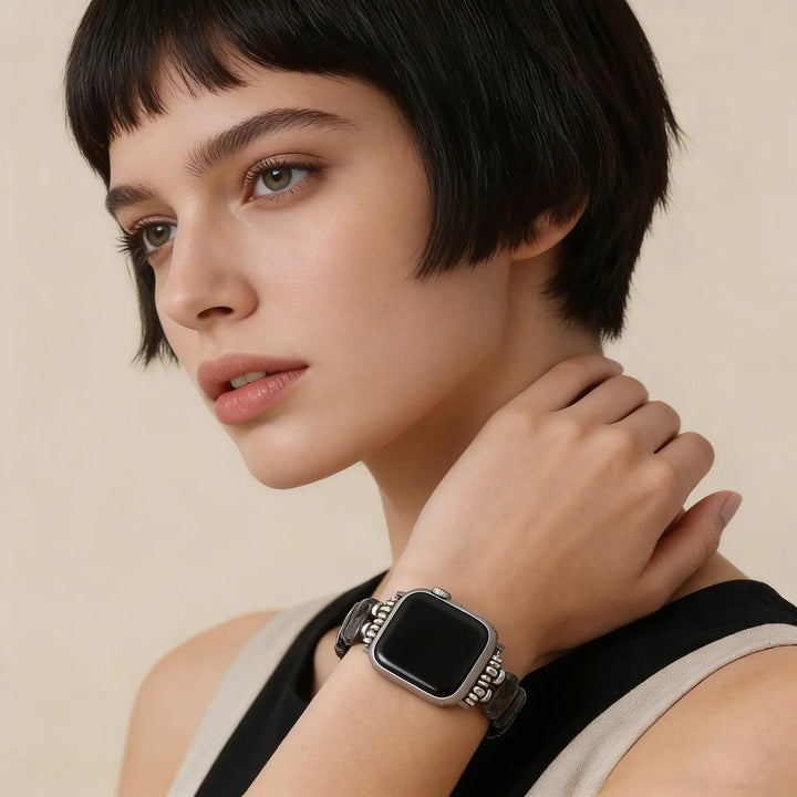 High End Pyrite Stones Stretch Smartwatch Strap for 38-49mm Watchband. Fashion jewelry accessory.