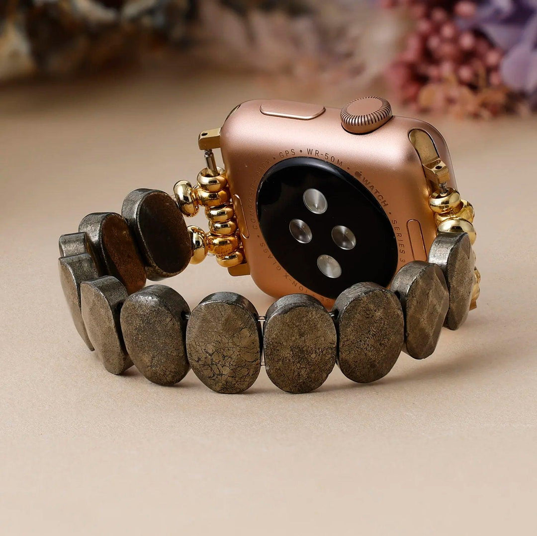 High End Pyrite Stones Stretch Smartwatch Strap for 38-49mm Watchband, featuring gold accents and a rose gold watch.