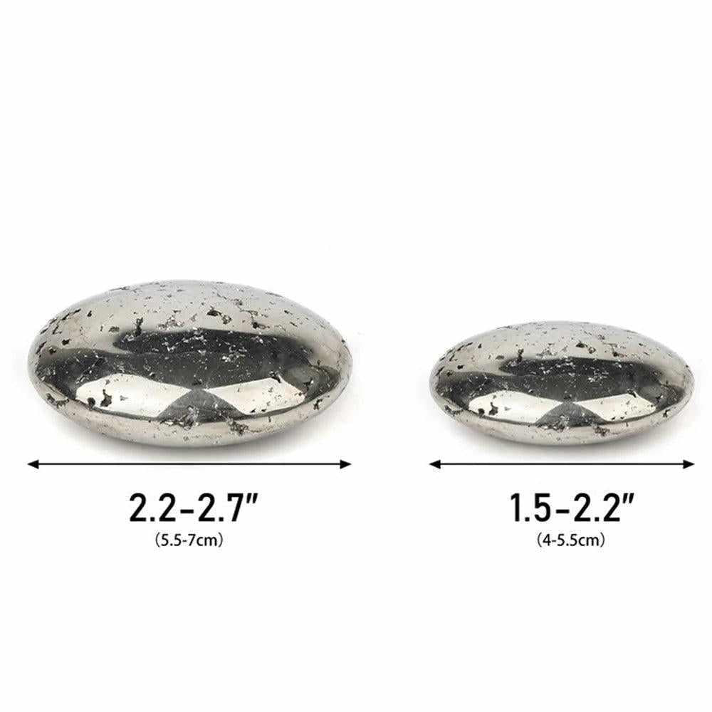 Two polished Pyrite palm stones with a golden metallic luster, shown in 40-50mm and 55-70mm sizes for confidence and focus.