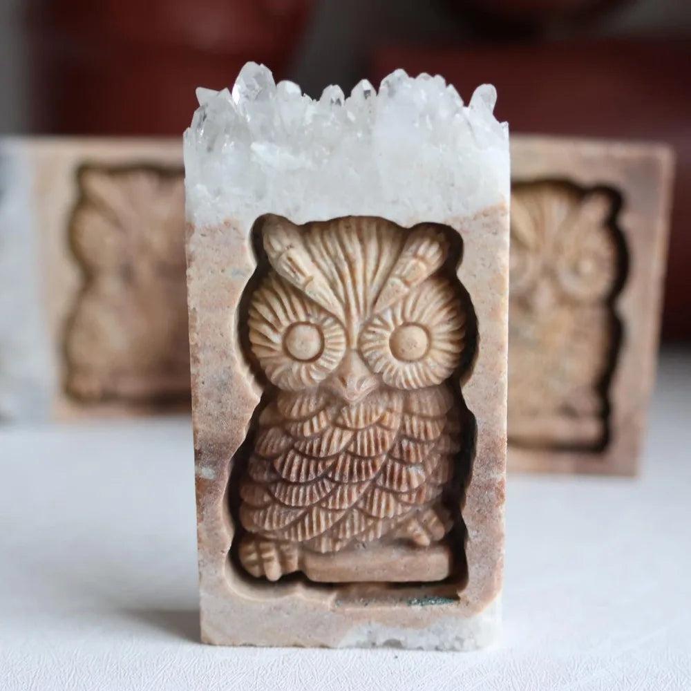 Hand-carved Quartz Crystal Owl for wisdom and protection, featuring a detailed, natural stone design with clear points.