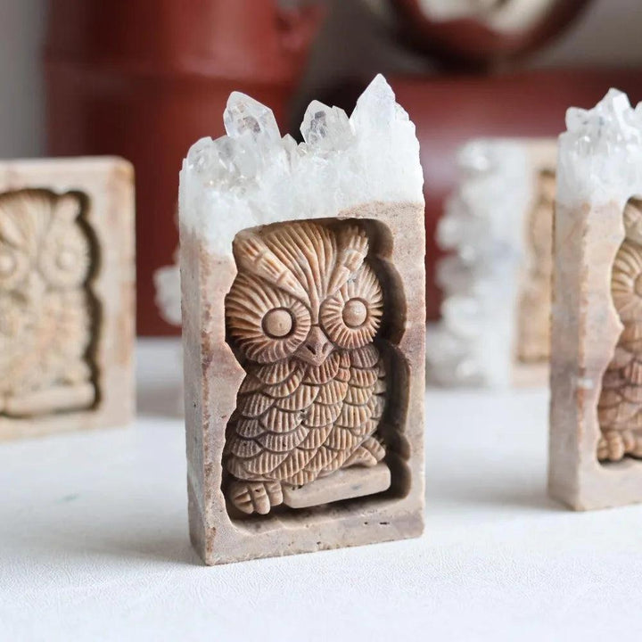 Hand-carved Quartz Crystal Owl statue with raw cluster top, perfect for wisdom, protection, and Crown Chakra healing.