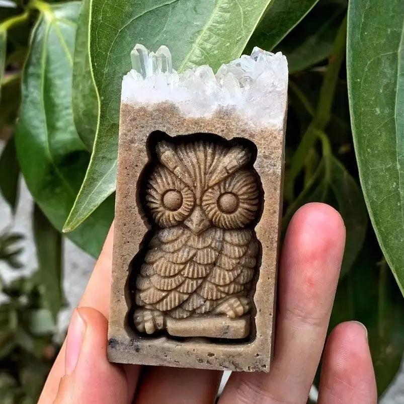 Hand-carved Quartz crystal owl sculpture with raw cluster top, perfect for wisdom, protection, and Crown Chakra healing.