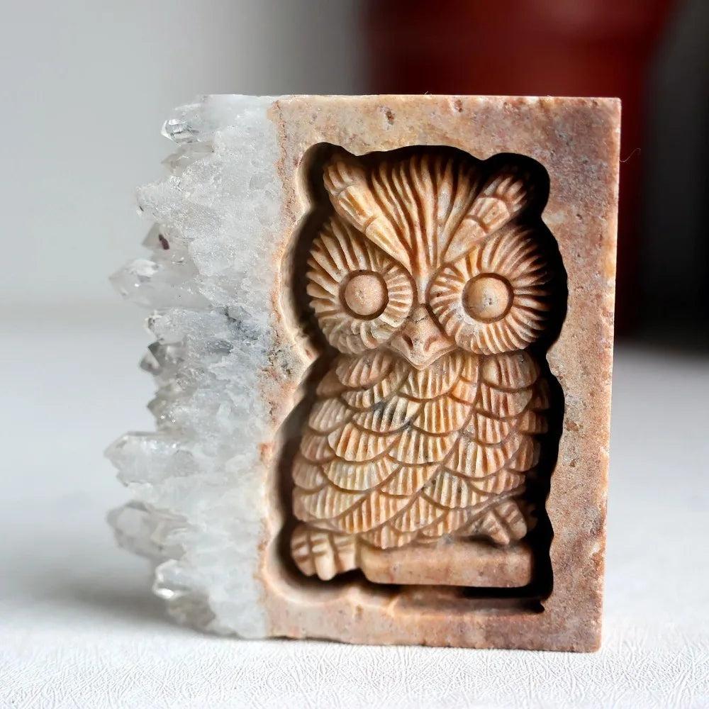 Hand-carved Quartz crystal owl sculpture featuring a natural cluster edge for wisdom, protection, and Crown Chakra healing.