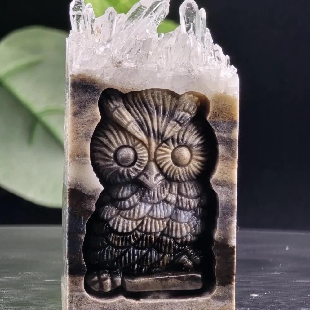 Hand-carved Quartz Crystal Owl statue featuring a natural crystal cluster top for wisdom, protection, and healing energy.