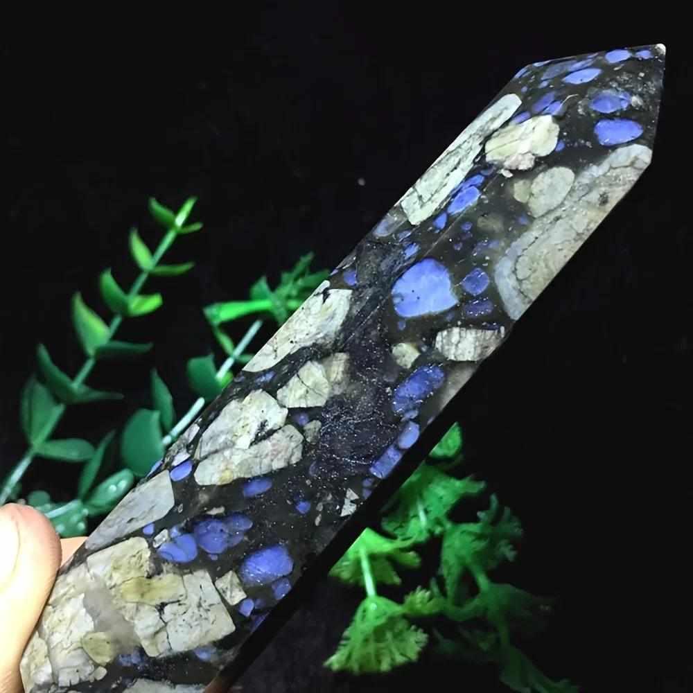 Polished Que Sera stone tower featuring speckled blue, brown, and gray patterns for uplifting, all-chakra energy.