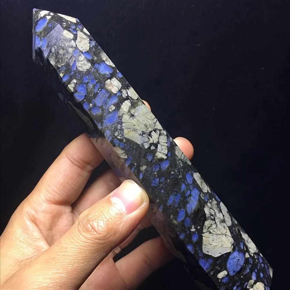 Polished Que Sera stone tower featuring speckled blue, gray, and brown patterns for uplifting, all-chakra energy.