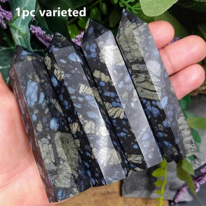 Polished Que Sera stone tower with speckled blue, brown, and gray patterns for uplifting, all-chakra energy.