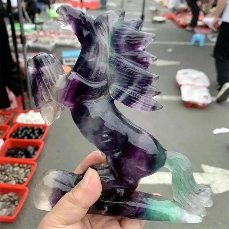 Vibrant Rainbow Fluorite Horse Carving, showcasing purple, green, blue tones for mental clarity and focus.