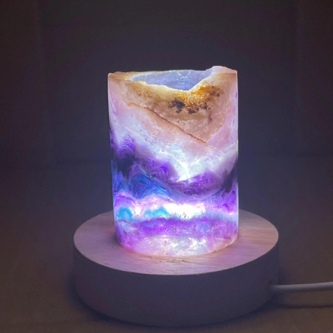 Rainbow Fluorite Crystal Light Lamp with mesmerizing purple, green, and blue bands, illuminated for a soft glow.