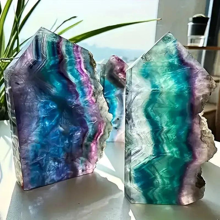 Stunning Rainbow Fluorite Raw Edge Tower with polished face, showcasing vibrant purple, green, blue bands. Enhances clarity.