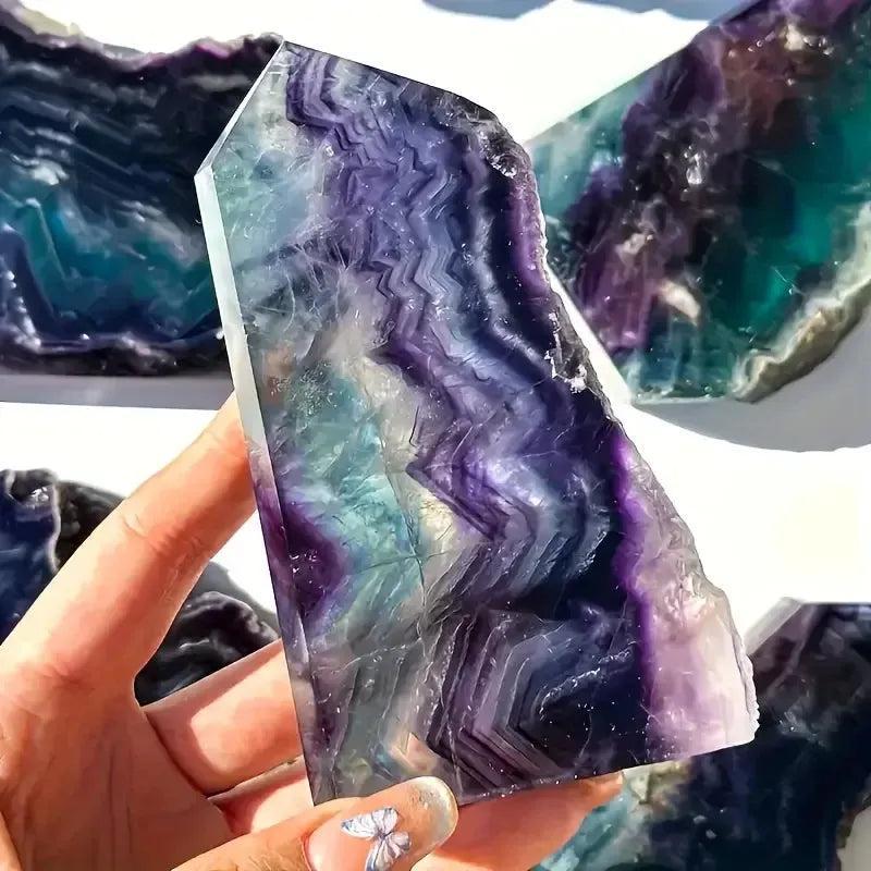 Rainbow Fluorite Raw Edge Tower with mesmerizing purple, green, blue bands, enhancing clarity and focus.