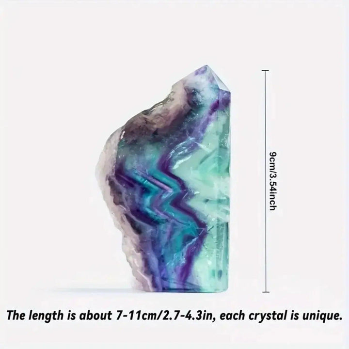 Rainbow Fluorite Raw Edge Tower: Polished purple, green, blue crystal with natural raw edges, 9cm tall.