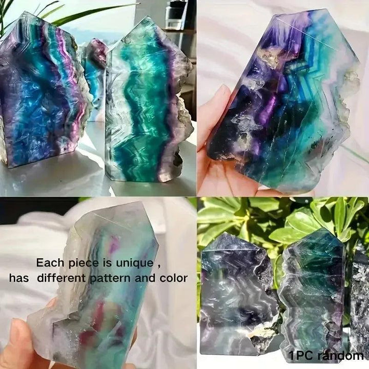 Rainbow Fluorite Raw Edge Tower with polished face, showcasing purple, green, blue bands for clarity & focus.