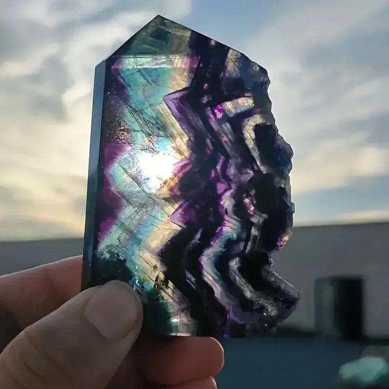 Stunning Rainbow Fluorite Raw Edge Tower with polished face showcasing vibrant purple, green, blue bands.