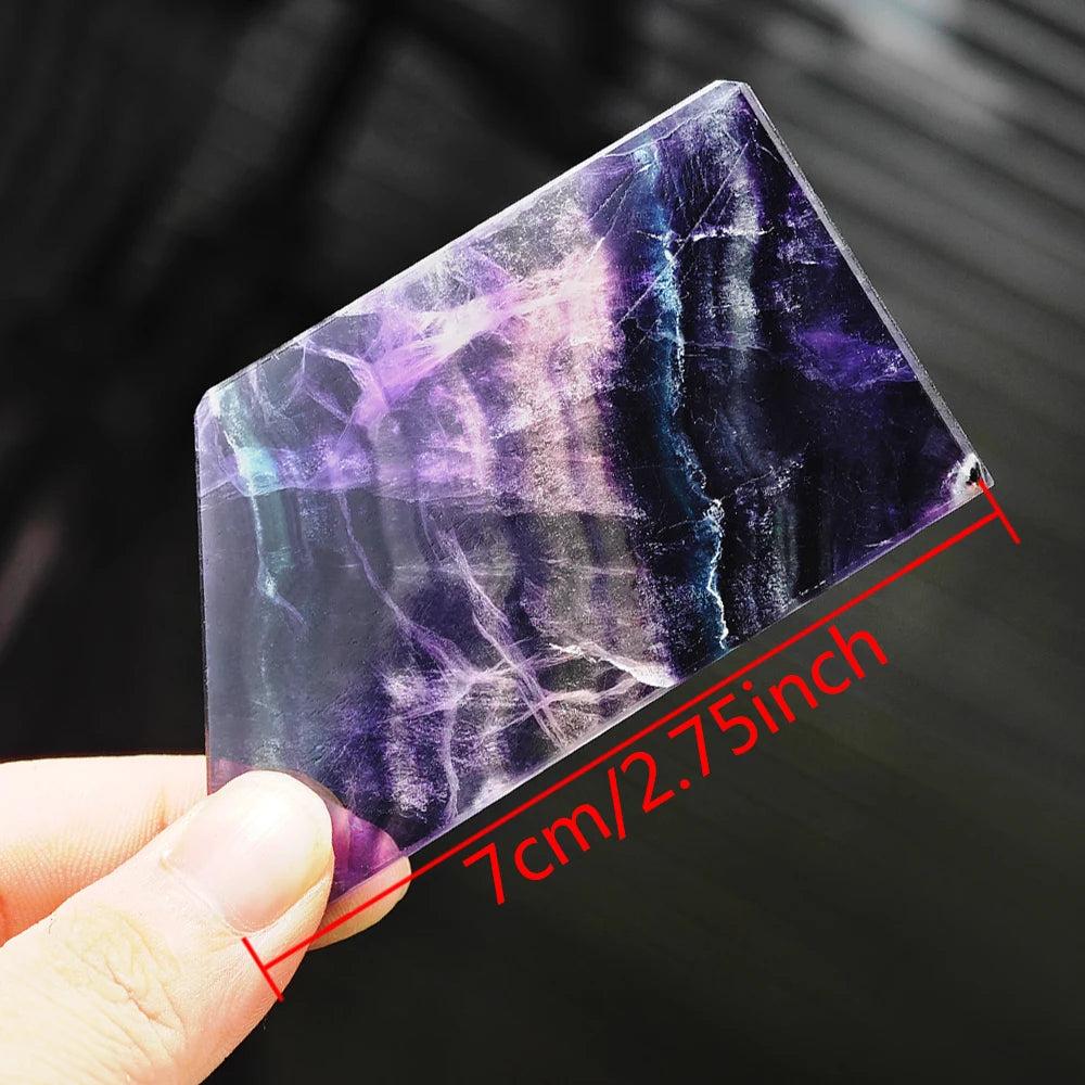 Natural Rainbow Fluorite crystal slice with vibrant purple and blue hues, perfect for Reiki healing and home decor.