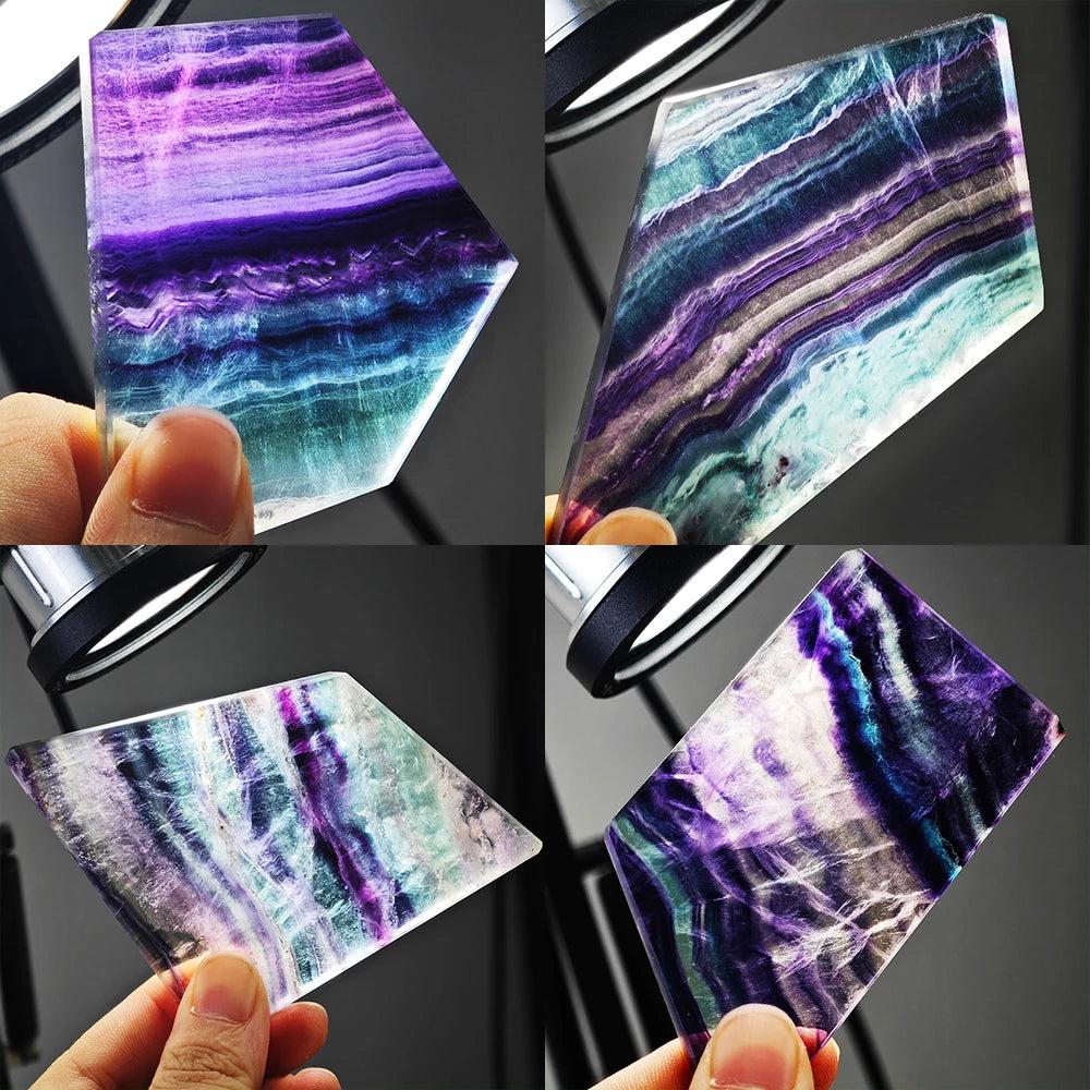 Natural Rainbow Fluorite slice with vibrant purple and teal bands, perfect for Reiki healing and spiritual home decor.