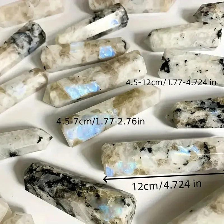 Rainbow Moonstone crystal towers by Crystal Destiny, featuring iridescent flashes and varying sizes.