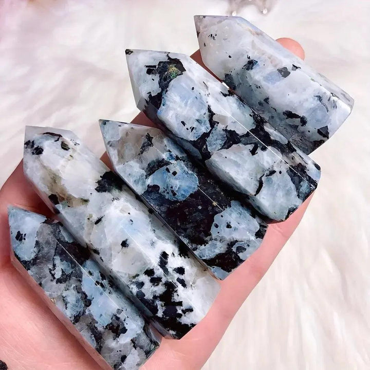 Rainbow Moonstone crystal towers by Crystal Destiny, featuring iridescent flashes and black speckles.