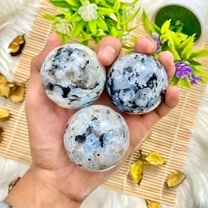 Hand holding three Rainbow Moonstone spheres from Crystal Destiny, showing blue, white, and black patterns.