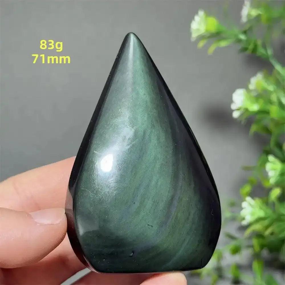 Polished Rainbow Obsidian torch freeform with green and gold sheen, 71mm tall, perfect for grounding and protection.