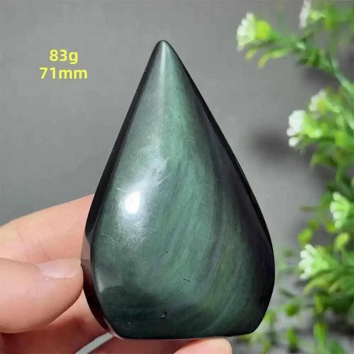 Polished Rainbow Obsidian torch freeform with green and gold sheen, 71mm tall, perfect for grounding and protection.