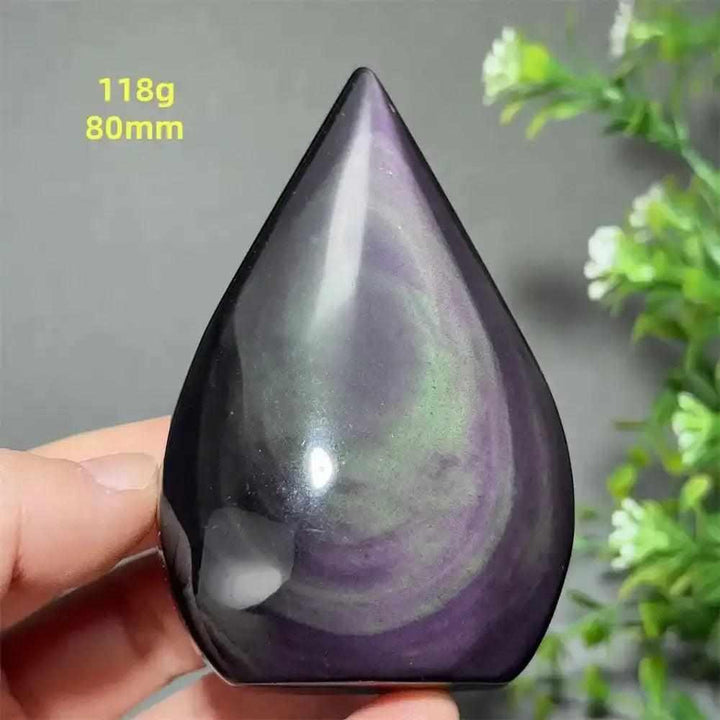 Polished Rainbow Obsidian torch freeform with purple and green sheen, 80mm tall, for grounding and protection.