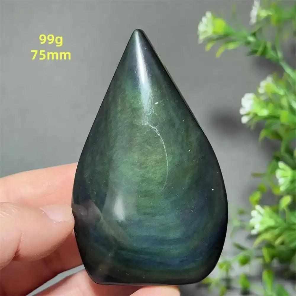 Polished Rainbow Obsidian torch freeform with green and gold sheen, a grounding 75mm stone for protection and meditation.