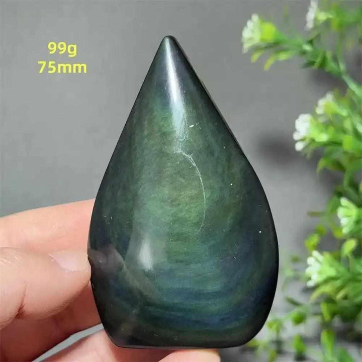 Polished Rainbow Obsidian torch freeform with green and gold sheen, a grounding 75mm stone for protection and meditation.