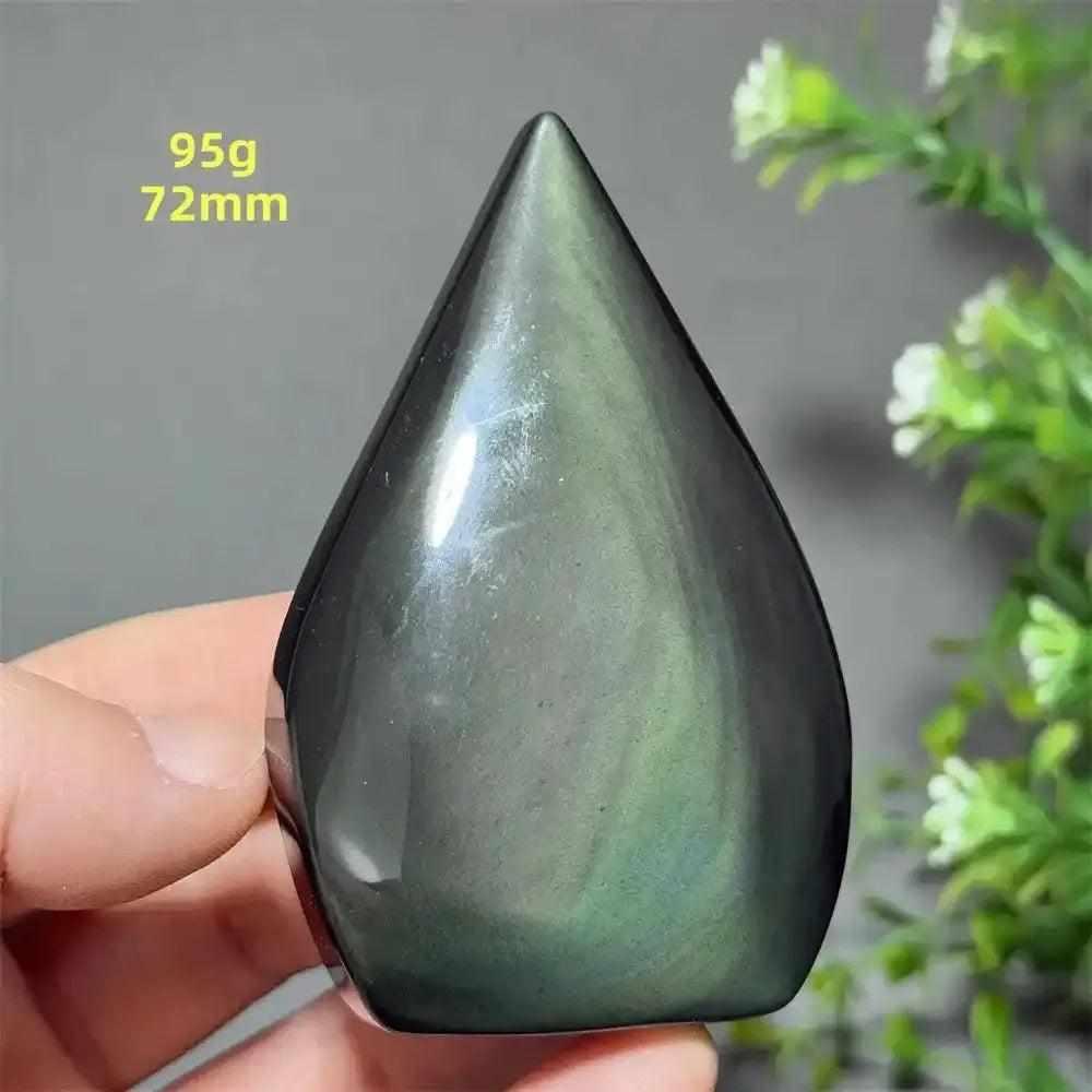 Polished Rainbow Obsidian torch freeform with green and gold sheen, 72mm tall, for grounding and protection.