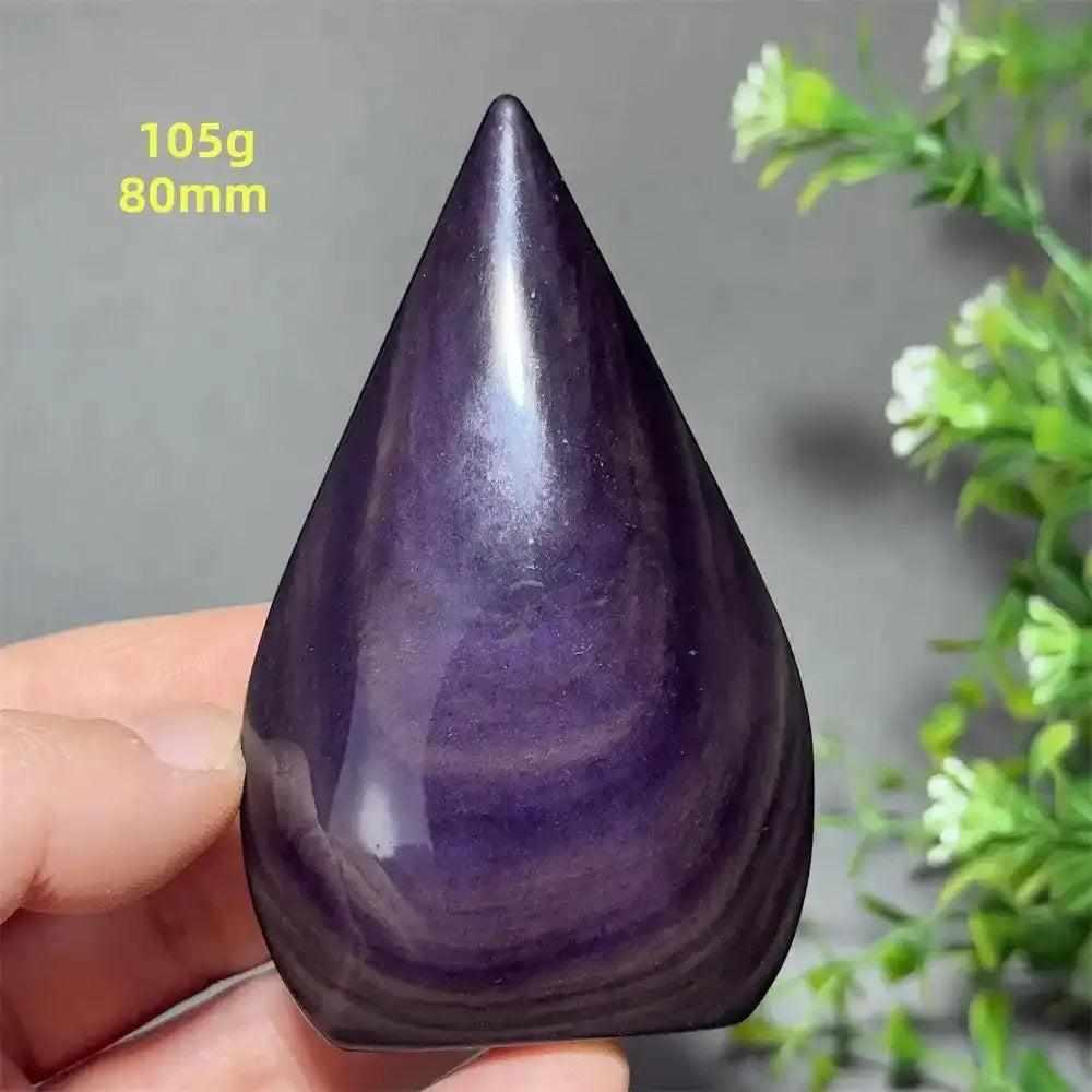 Polished Rainbow Obsidian torch freeform with a deep purple sheen, 80mm tall, perfect for grounding and protection.