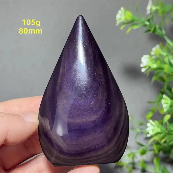 Polished Rainbow Obsidian torch freeform with a deep purple sheen, 80mm tall, perfect for grounding and protection.