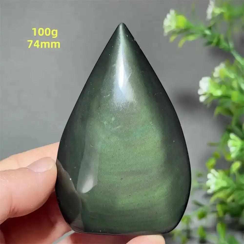 Polished Rainbow Obsidian torch freeform with green and gold sheen, 74mm tall, for grounding and protection.