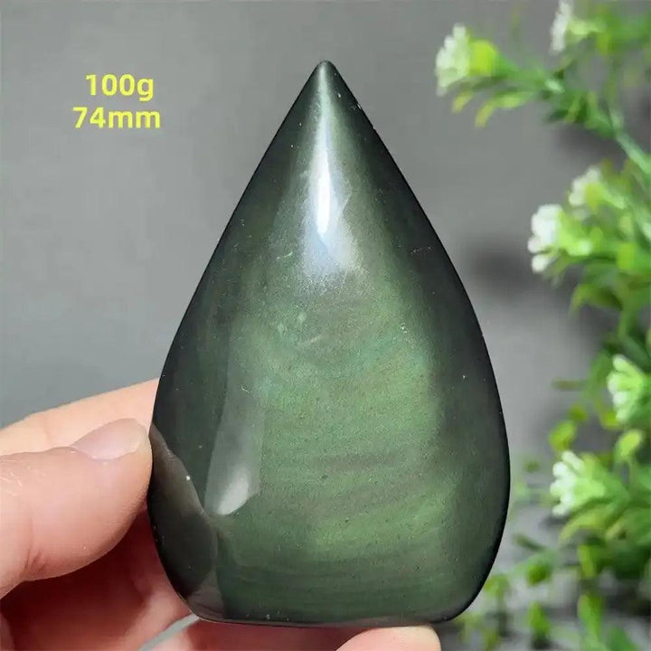 Polished Rainbow Obsidian torch freeform with green and gold sheen, 74mm tall, for grounding and protection.