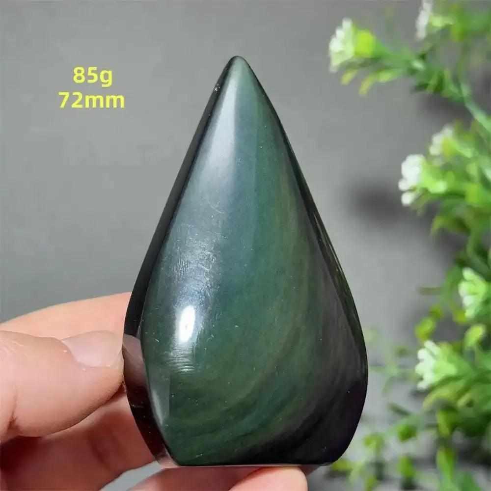 Polished Rainbow Obsidian torch freeform with green and gold sheen, 72mm tall, perfect for grounding and protection.