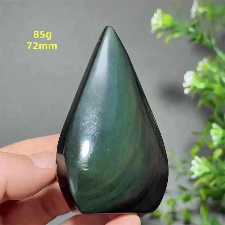 Polished Rainbow Obsidian torch freeform with green and gold sheen, 72mm tall, perfect for grounding and protection.