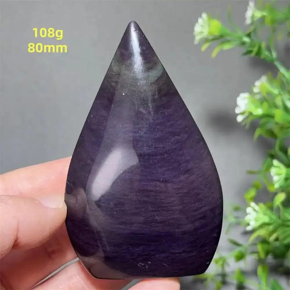 Polished Rainbow Obsidian torch freeform with purple and black volcanic glass, perfect for grounding and protection.