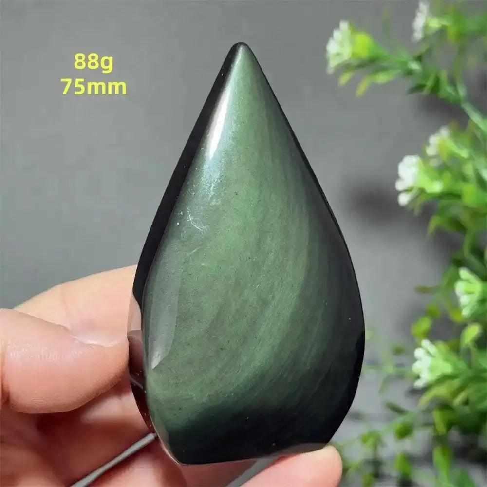 Polished Rainbow Obsidian torch freeform with a green sheen, 75mm tall, perfect for grounding and protection.