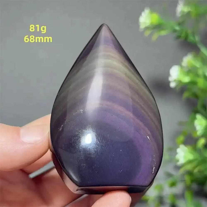 Polished Rainbow Obsidian torch freeform with purple, green, and gold sheen, 68mm tall, for grounding and protection.