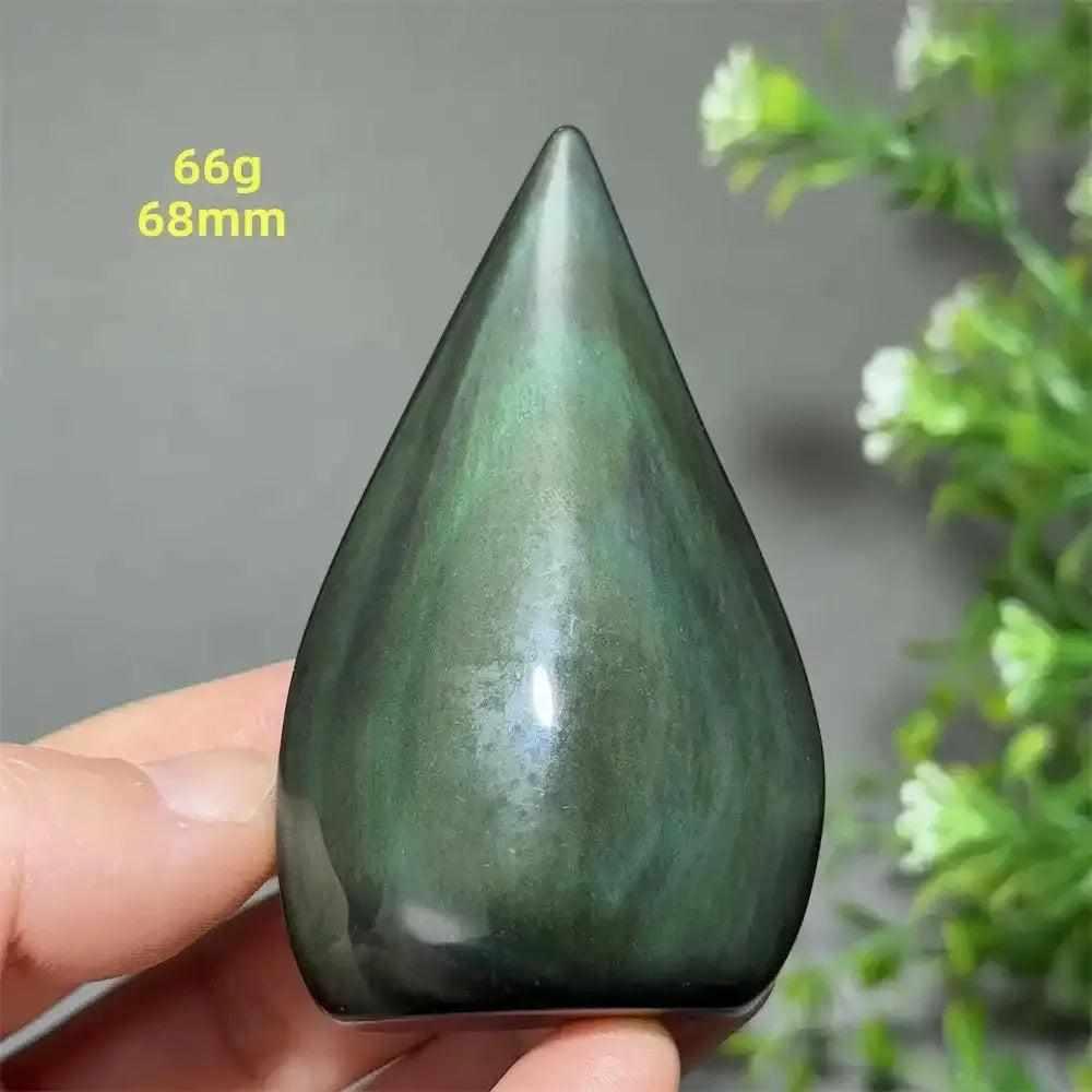 Polished Rainbow Obsidian torch freeform with green and gold sheen, a grounding stone for protection and meditation.