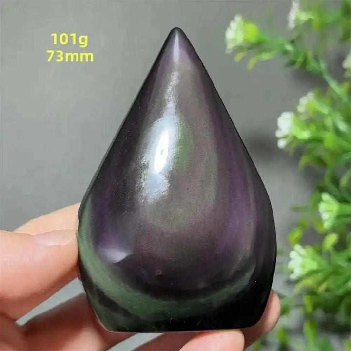 Rainbow Obsidian torch freeform with purple and green sheen, a grounding 73mm volcanic glass stone for protection.