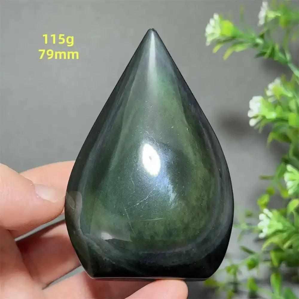 Polished Rainbow Obsidian torch freeform with green and gold sheen, a grounding stone for protection and meditation.